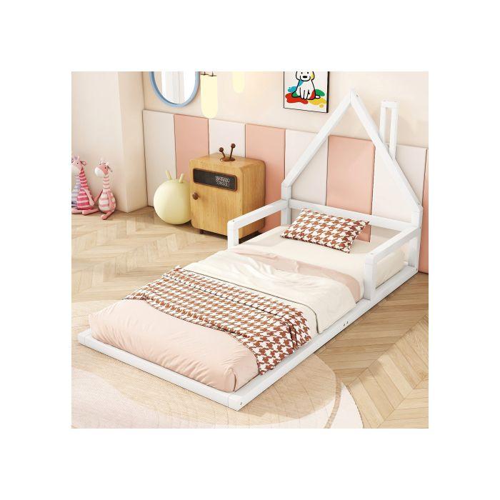 Lit D'enfant - MUVOE - 90x200cm - Pin Massif - Forme Maison - Blanc