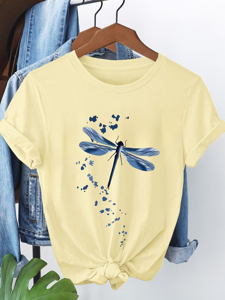 Women'S Casual Short-sleeved T-shirt Blue Dragonfly Floral Prin Round Neck Father'S Day Mother'S Day T-shirt Non-transparent