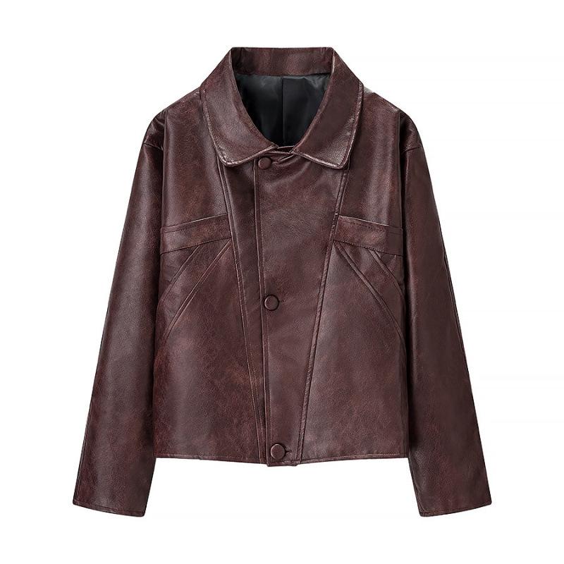 European and American Women s Fashion Casual Lapel Short Leather Jacket Medium каштановый