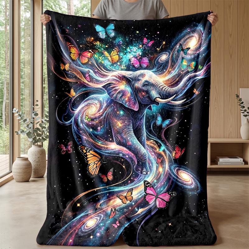 Flowered Elephant with Butterflies Theme Blanket Lightweight Warm Flannel Blanket Decorative Throw Blanket for Home Decoration