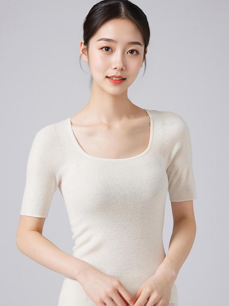 Women's U-neck Merino Wool Sweater - Short Sleeve Pullover, Autumn/Winter Knitwear.