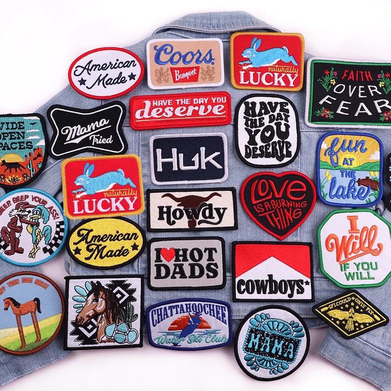 Merrow Border Letter Logo Slogan Embroidered Patches DIY Iron On Patches For Clothing Backpack Jackets Hats Sew Badges Stickers