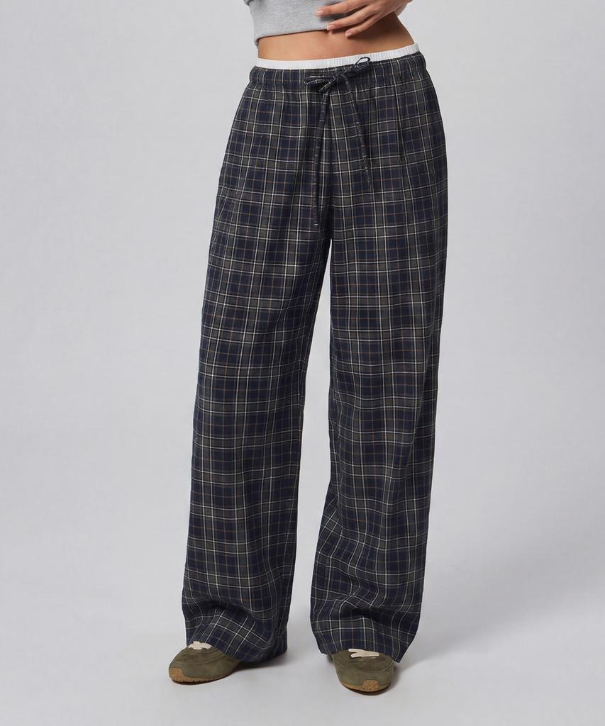 Beodeonteu Check Layered Single-Pleat Wide Pants [Green]