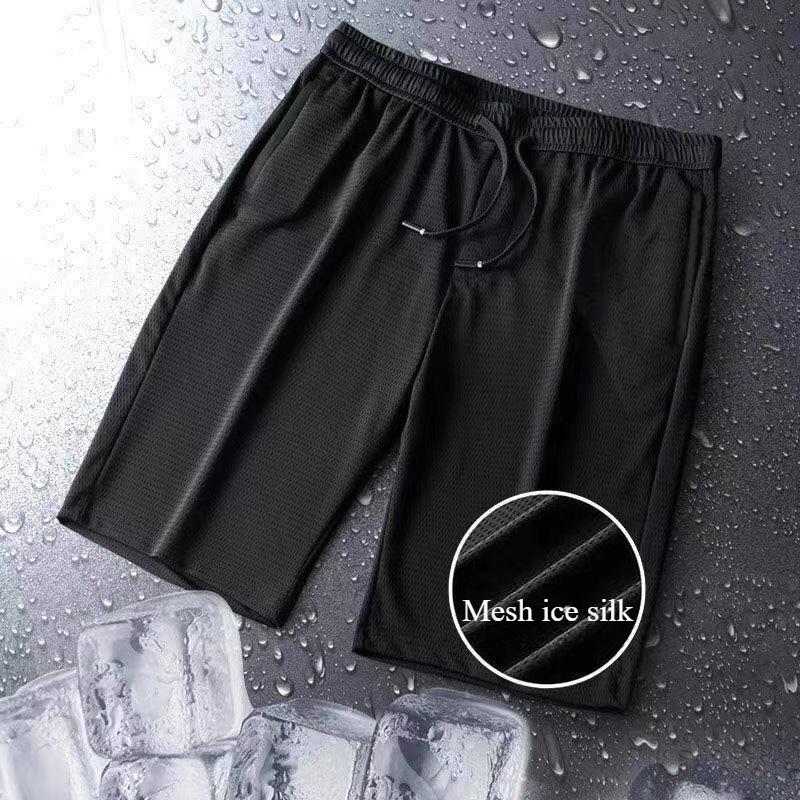 Men Summer Casual Shorts Elastic Drawstring Waist Straight Wide Leg Shorts Pockets Design Ice Silk Solid Color Sport Shorts