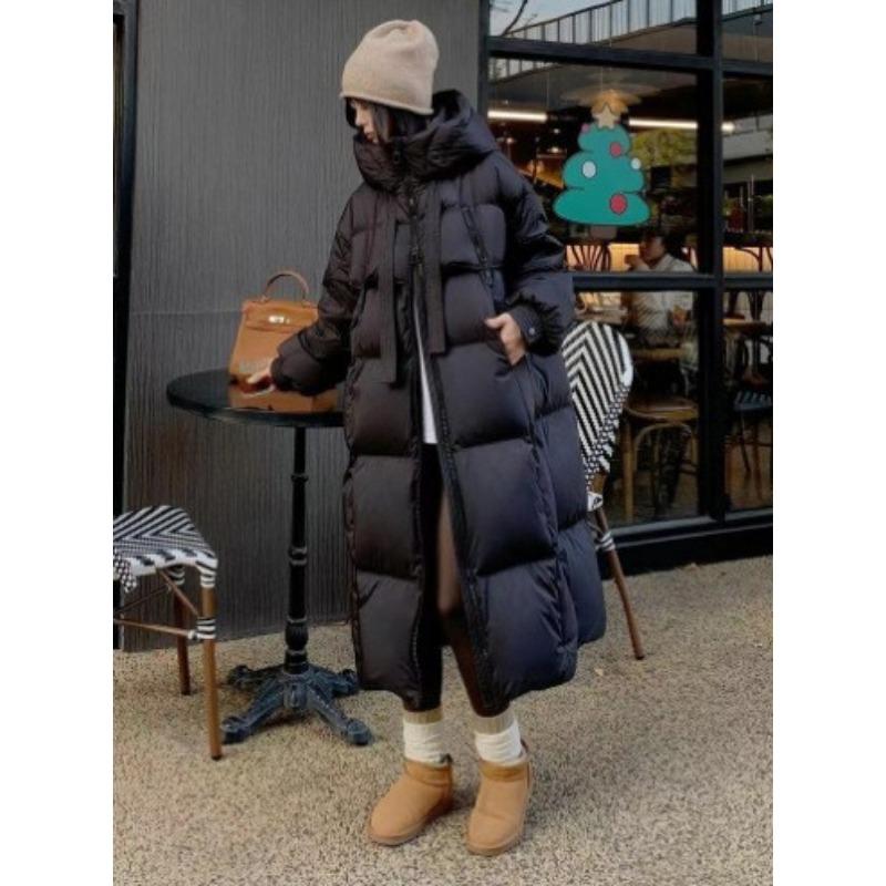 Down Jacket Women s Hooded Loose Medium and Long New Knee Jacket Cold-proof Temperament Elegant M чёрный