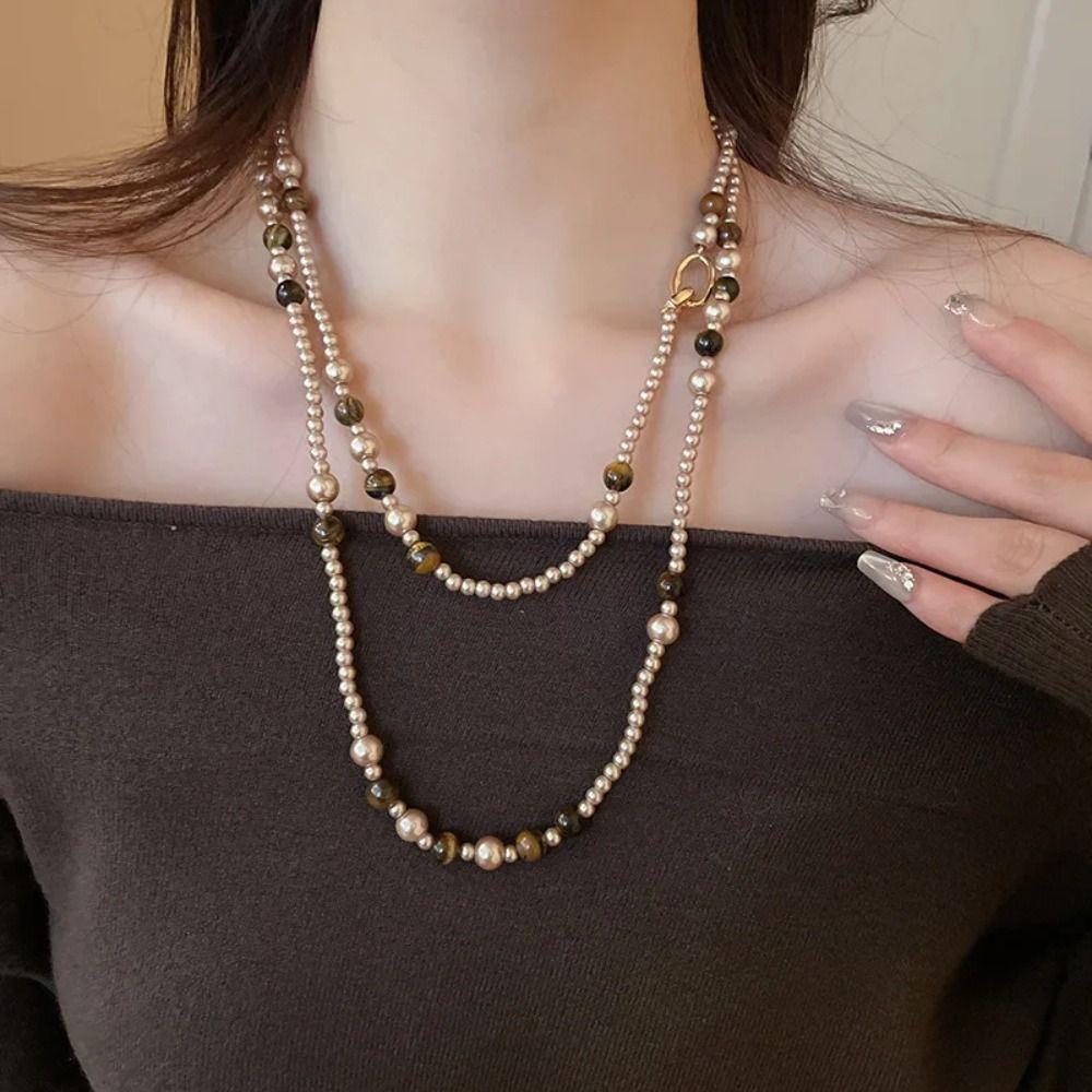 Retro Tiger Eye Stone Necklace Artificial Glass Chain Choker New Pearl Beaded Necklaces  for Women
