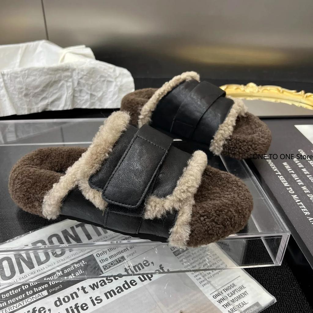 Fashion 2024 Women Shoes Slippers Flat Med Slides Cover Toe Platform Fur Flip Flops Flock Plush Leather Rubber Rome PU with Fur Short