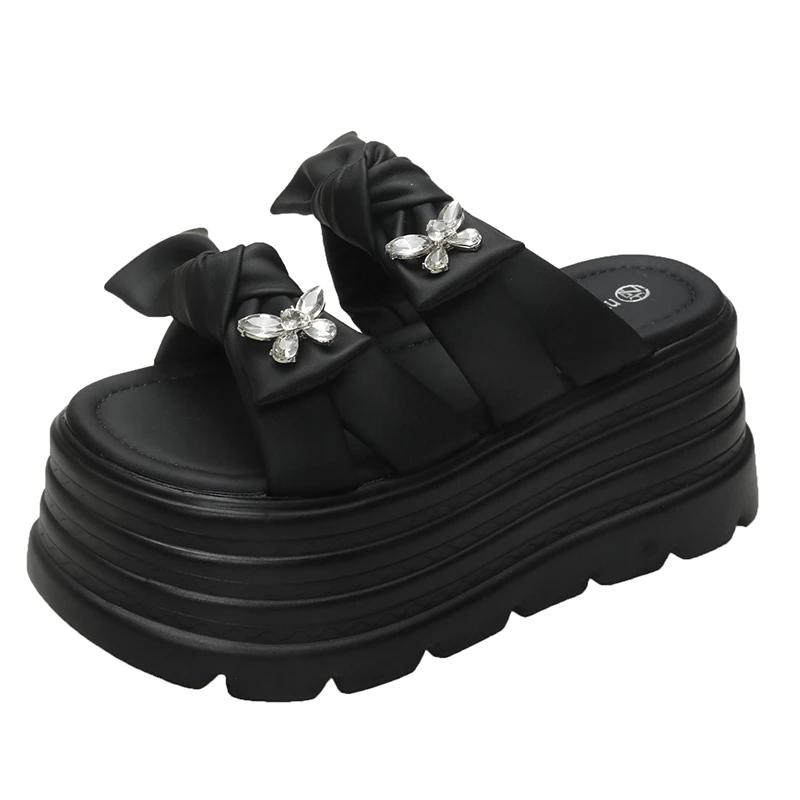 9CM Women's Chunky Slippers Summer High Platform Wedges Shoes Woman Butterfly-Knot Beach Flip Flops Thick Bottom Sandalias Mujer