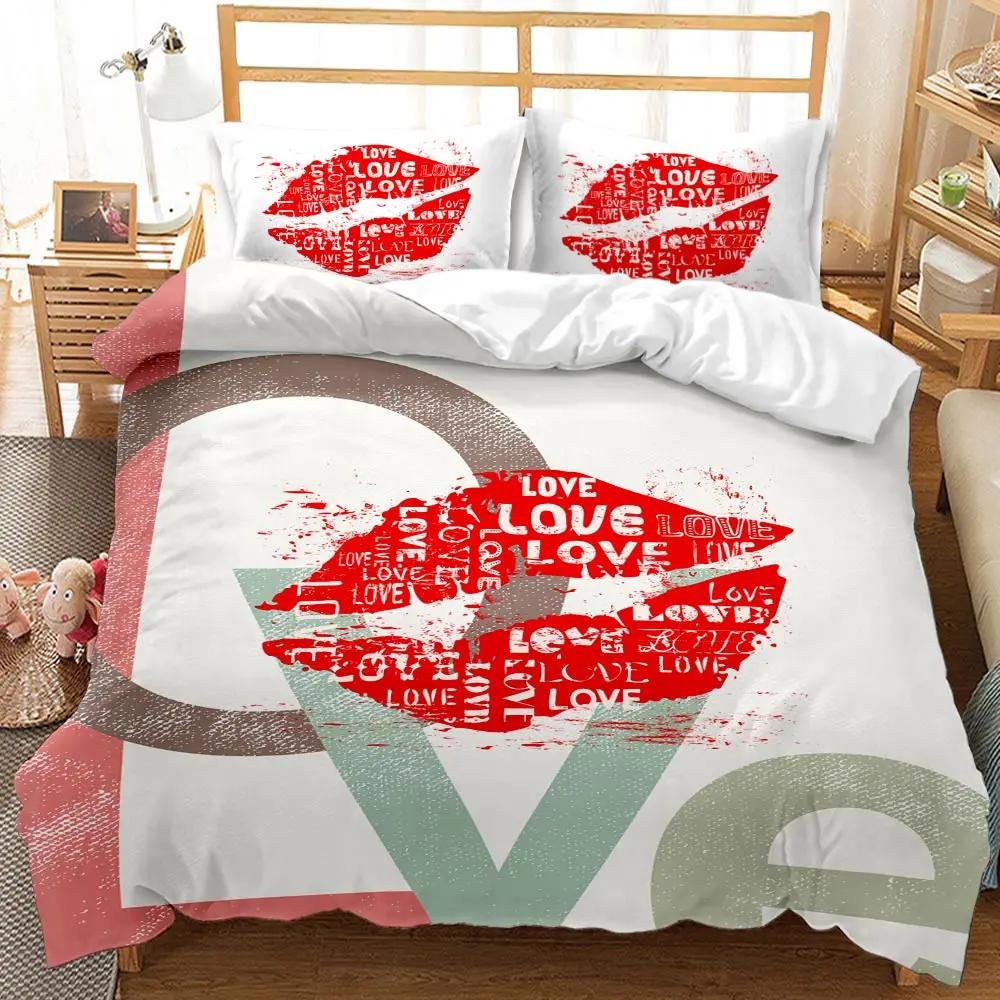 Red Lip Duvet Cover Set Red Lip Lipstick Sexy Adult Couple Comforter Cover Valentine's Day Gift for Lover Polyester Qulit Cover