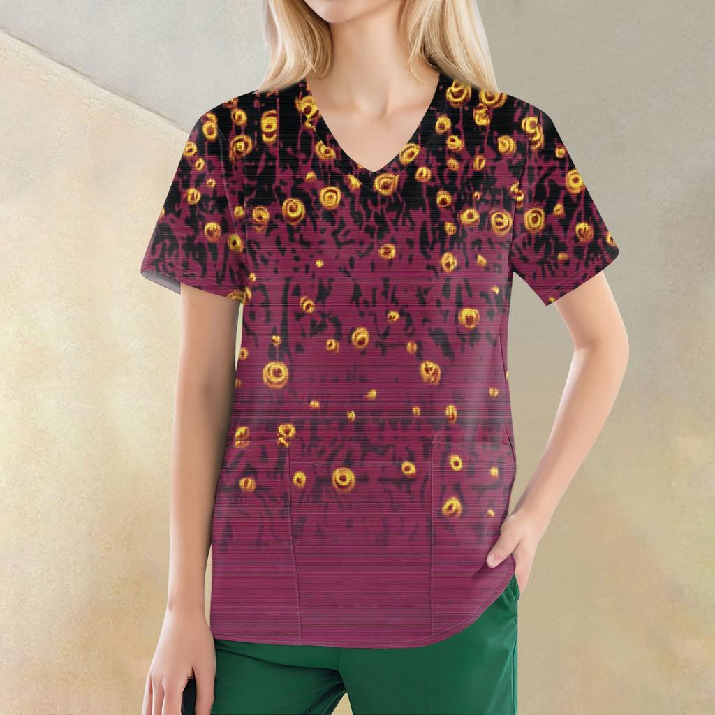 Tops estampados casuais da moda com decote em V feminino e roupas de trabalho protetoras