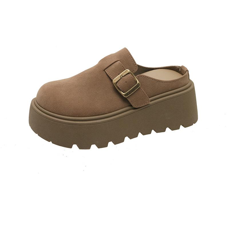 Frosted thick-soled inner height-increasing women's shoes, spring and autumn half-towing bag head, one foot pedaling lazy slippers
