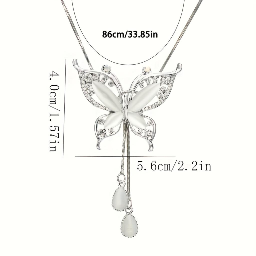 1pc Elegant Y-Shaped Necklace with Sparkling White Butterfly Pendant - Long, Dangling Rhinestone & Zinc Alloy Chain, Perfect for Everyday Fashion, Eve