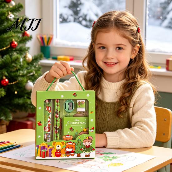Cute Stationery for School 6PCS Christmas Set, Include Pencils Ruler Sharpener Eraser Pencil Case Gift Sets And Notepad, Cartoon Patterns Print