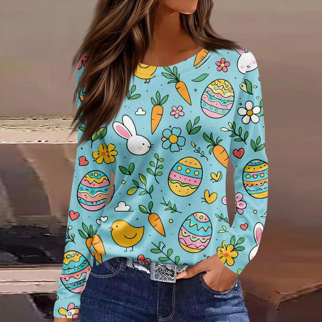 Women's Fashion Casual Slit Hem Round Neck Long Sleeve Loose Printed T-Shirt Ladies Top