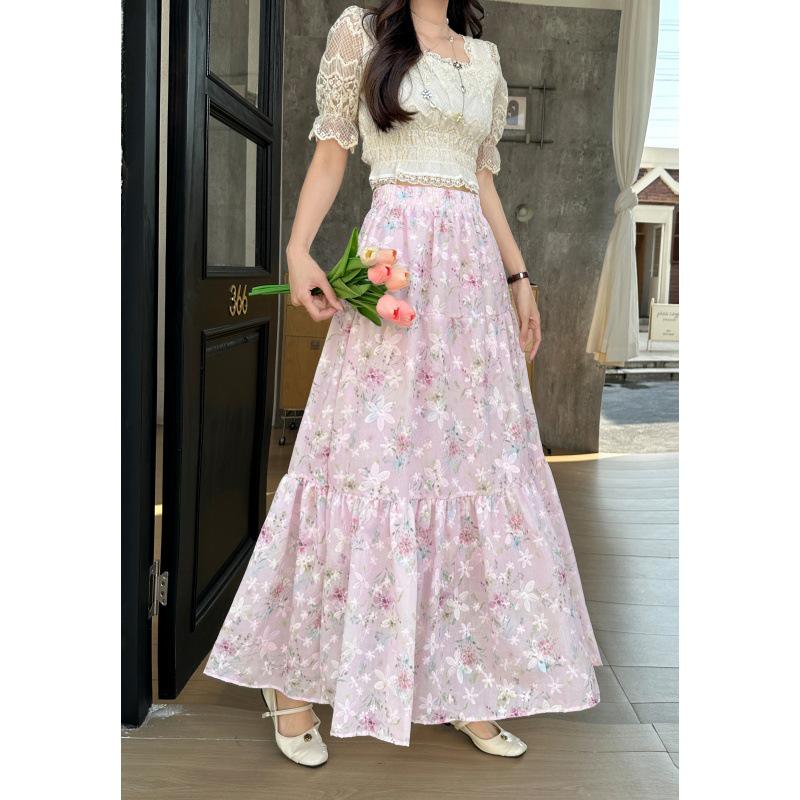 Women s Floral Pleated High Waist Midi Skirt - Slimming Elastic A-line Design, Versatile Drapey Style One Size розовый