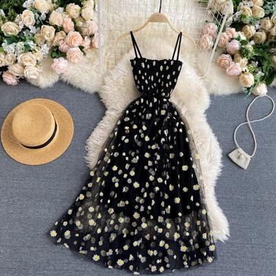 Primavara si vara Mesh Talie inalta Daisy Sling Mica Rochie Floral Temperament Retro Franțuzesc Rochii Subțiri Femei