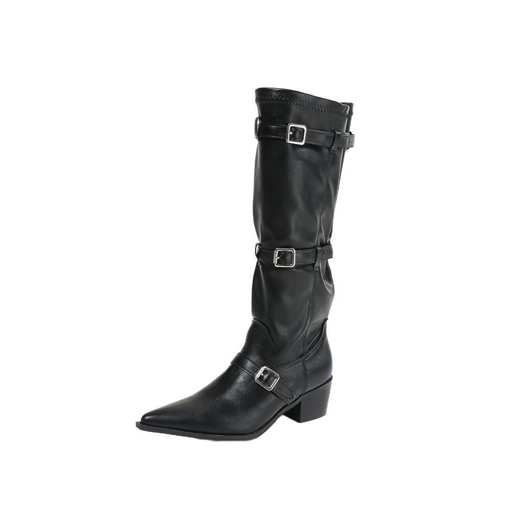 Pointed Big Tube Heap Boots Retro Western Cowboy Boots Thick Heel Hot Girl Fashion Sense Long Boots Women