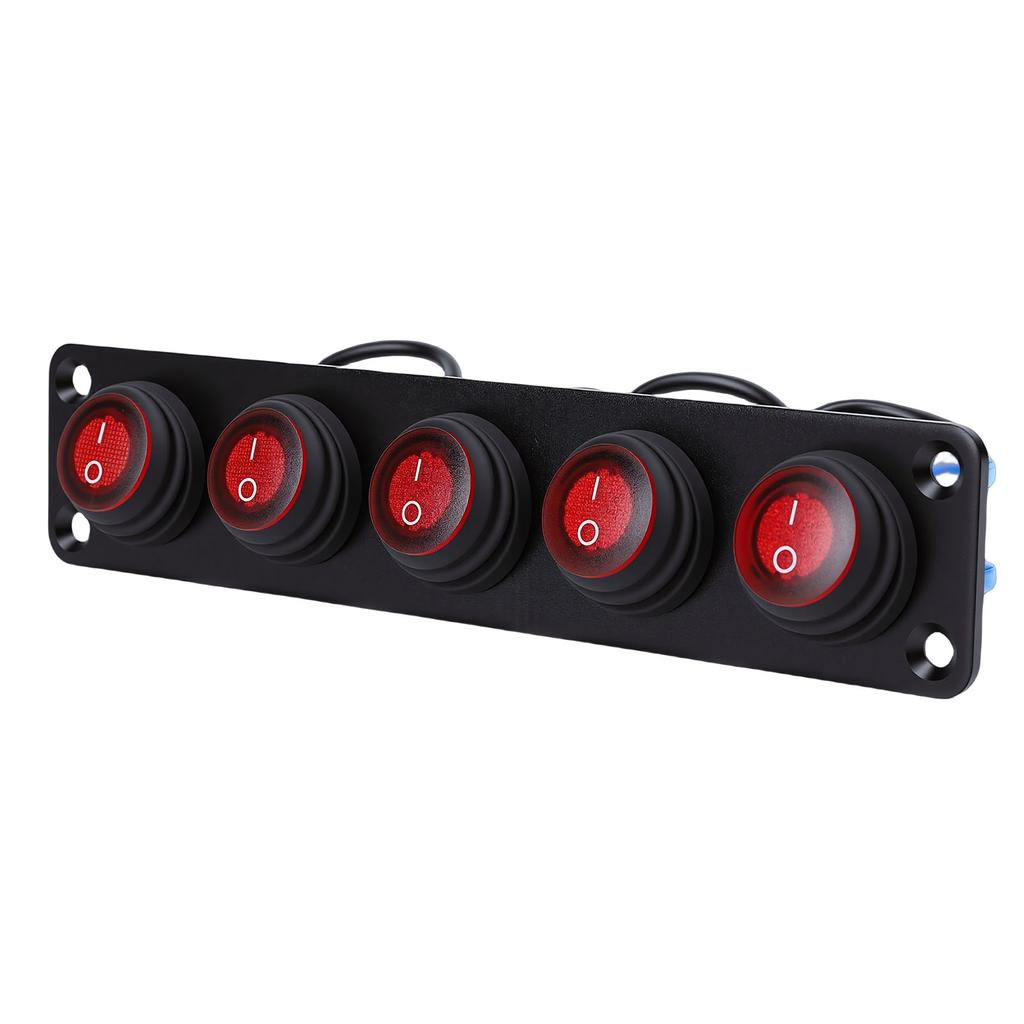 5 Gang Rocker Switch Panel 20A Red Circular On Off Switch Water Proof Aluminum Alloy Panel for Car Boat RV Truck Trailer