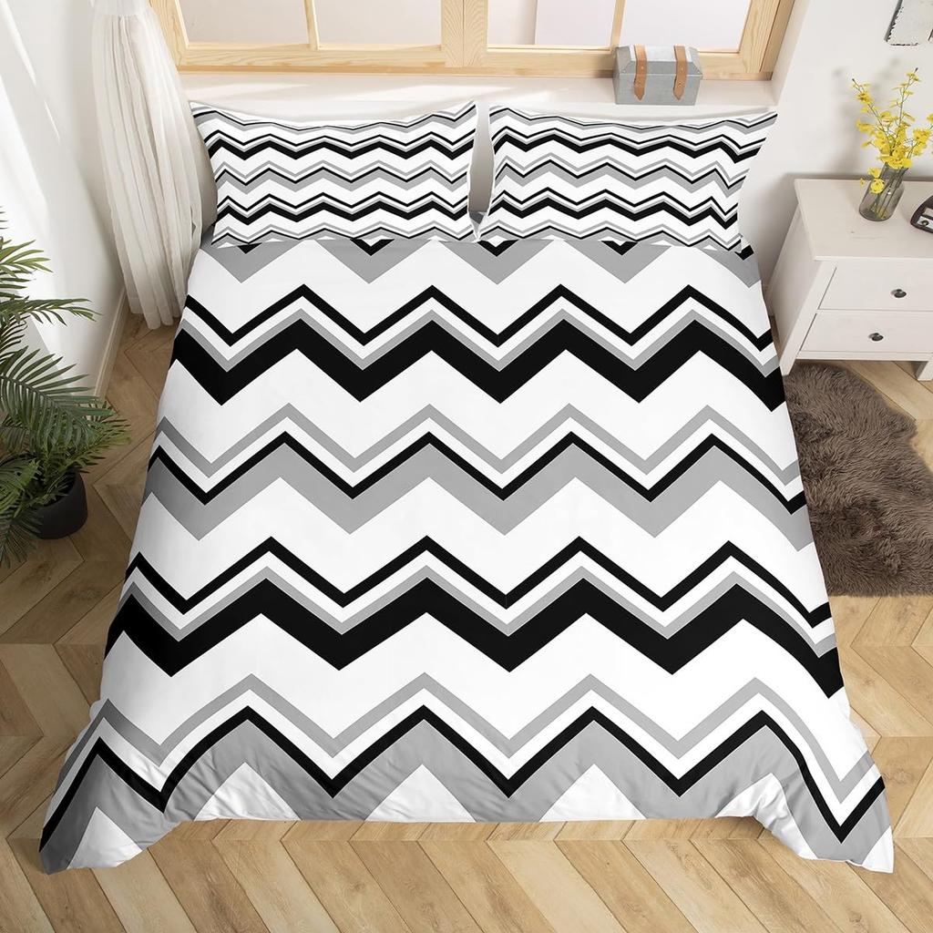 Geometric Modern Duvet Cover King Queen Black Gray Blue Comforter Cover with 2 Pillowcases Retro Stripes Geometry Bedding Set