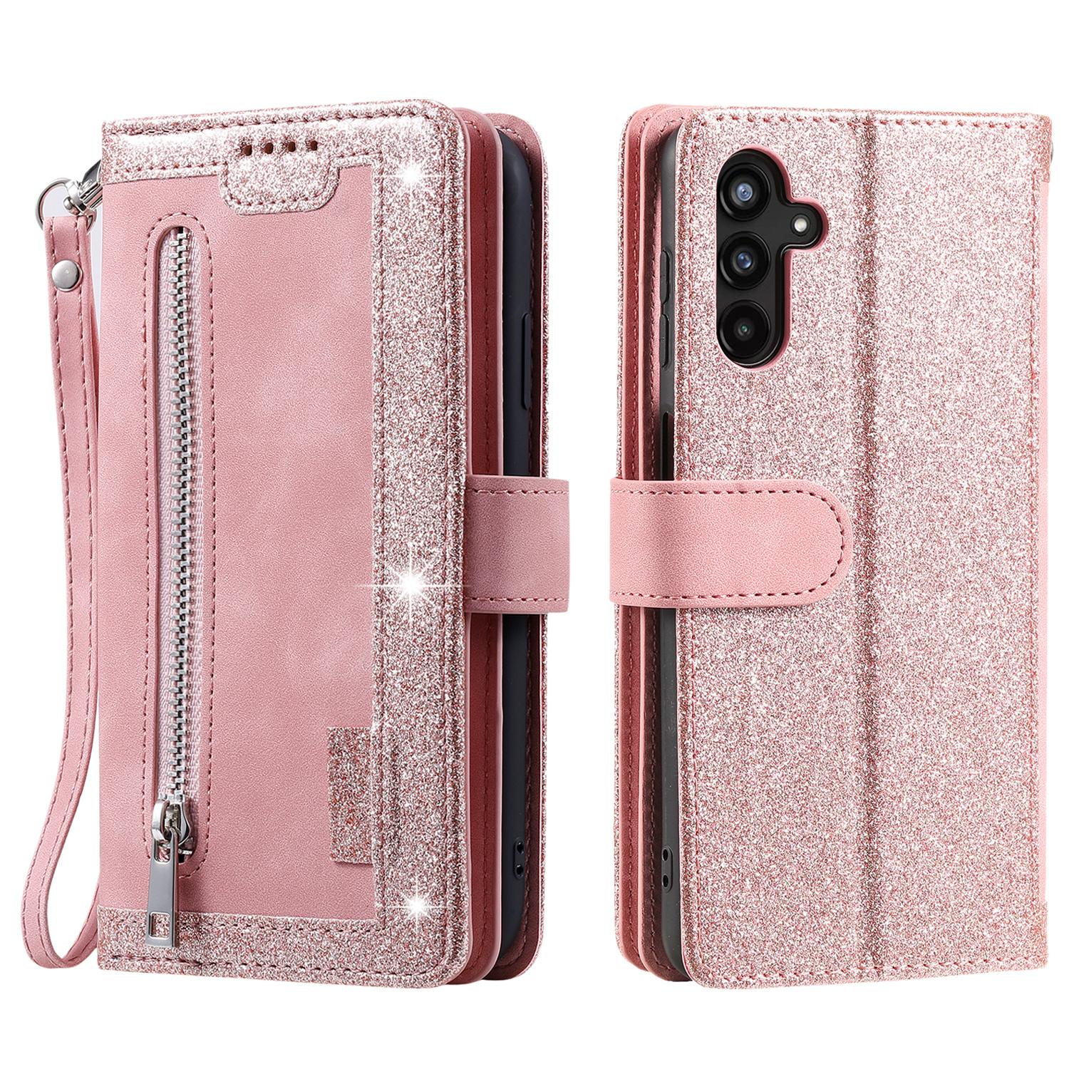 

For Samsung Galaxy A05s 4G Cell Phone Case 9 Card Slots Phone Cover Zipper Leather Wallet Rose Gold