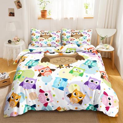 Eulen-Bettwäsche-Set mit Cartoon-Motiv, Happy Birthday-Design, niedlicher Vogel-Bettbezug aus Polyester, Einzelbettgröße für Kinder