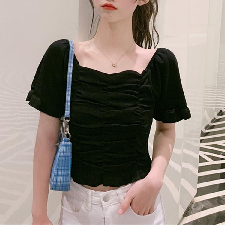 Square Neck Collar Collarbone Pleated Short-sleeved Knit Sweater Women Summer Retro Short Sweet Top T-shirt Casual Essential Slim Fit Pullovers Tees