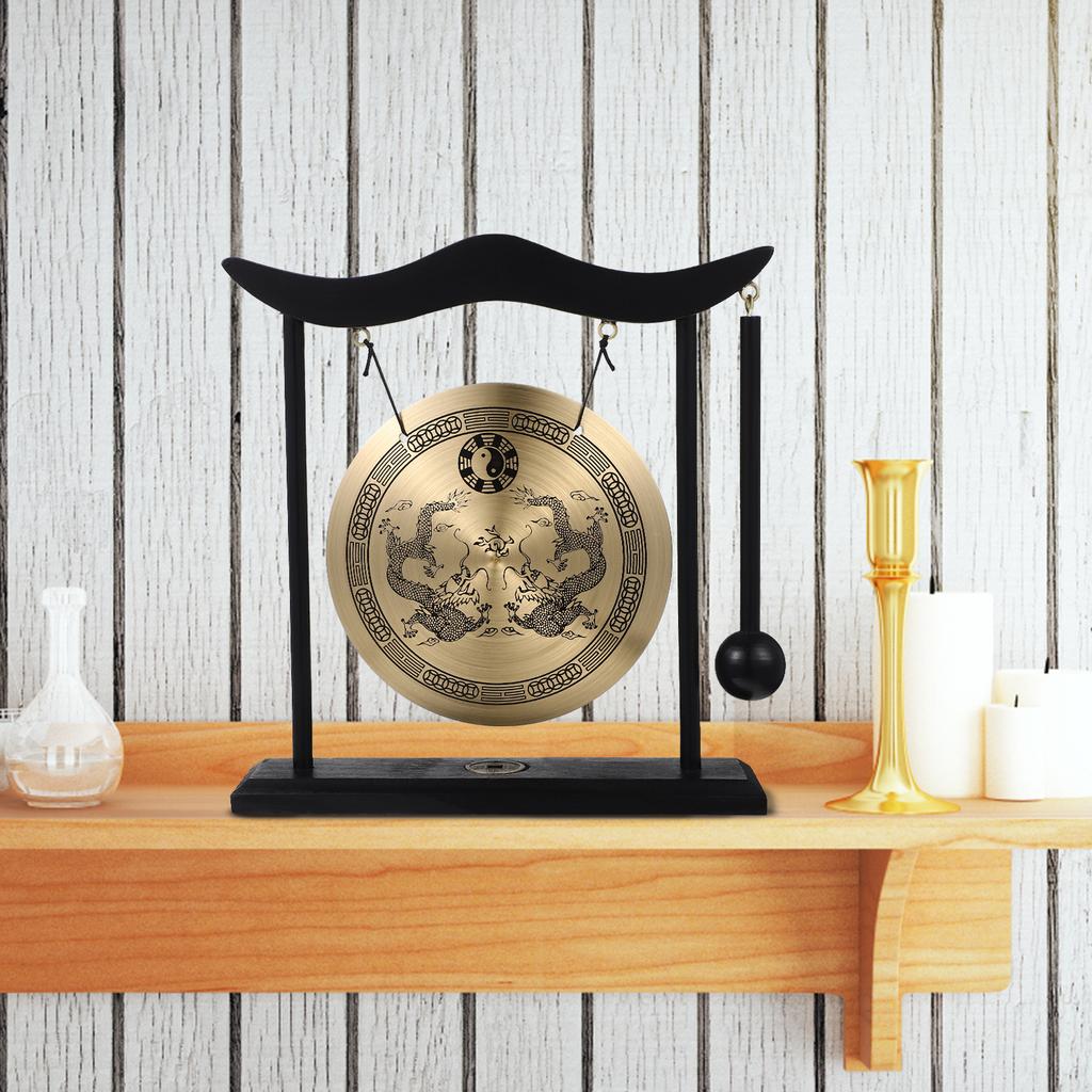 Copper Gong With Mallet Sturdy Handicraft Vintage Pattern Brass nament Desktop Figurines Miniatures Chinese