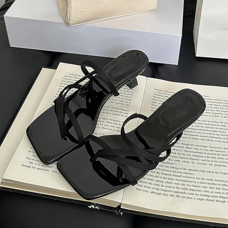 Fashion Fashion Square Toe Women Low Heel Sandals Slides Footwear Shallow Ladies Heeled Sandals Slippers Shoes Female Flip flops Pumps
