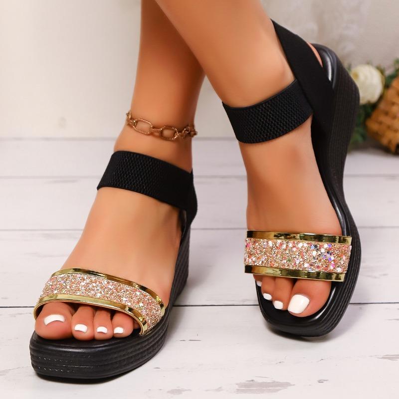 Damen Elastische Riemen Keilabsatz Plateau Römersandalen