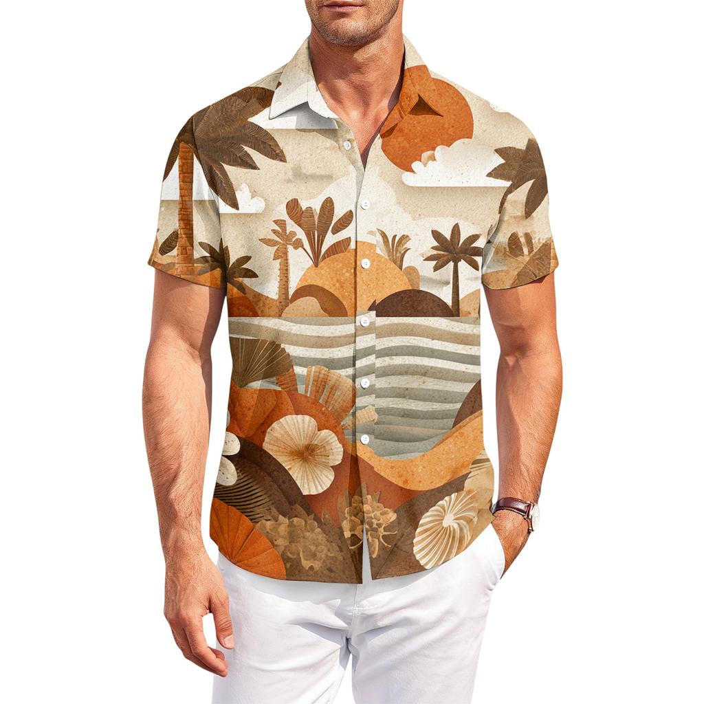 Men’s Hawaiian Print Casual Outdoor Collared Short Sleeve Shirt with Relaxed Fit Button Down Design for Summer Activities