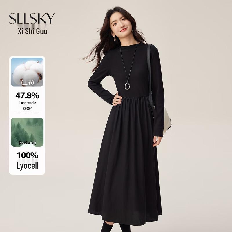 Women s Hepburn Style Tencel Slimming Long Sleeve Black Dress 2XL