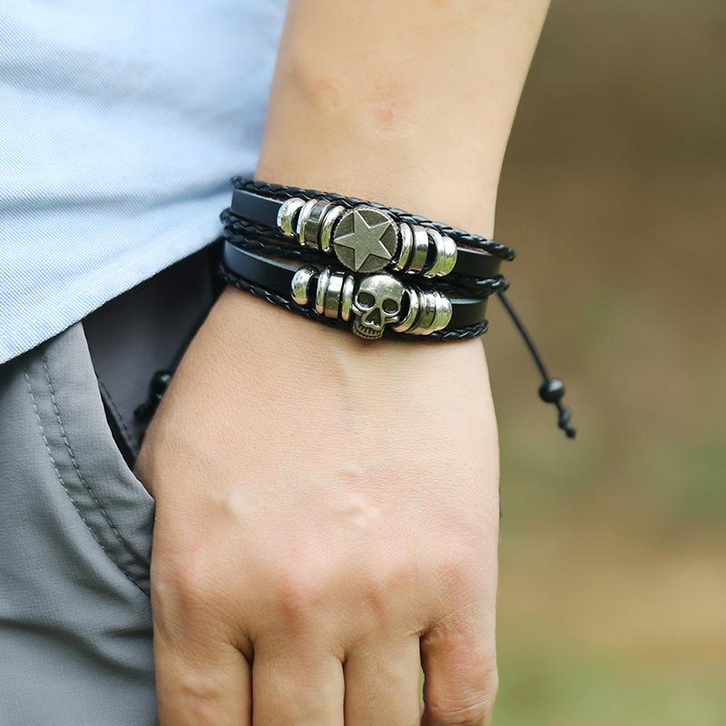 European and American New Accessories Punk Skull Hip-hop Trend Adjustable Rock Beads Men's Leather Bracelet