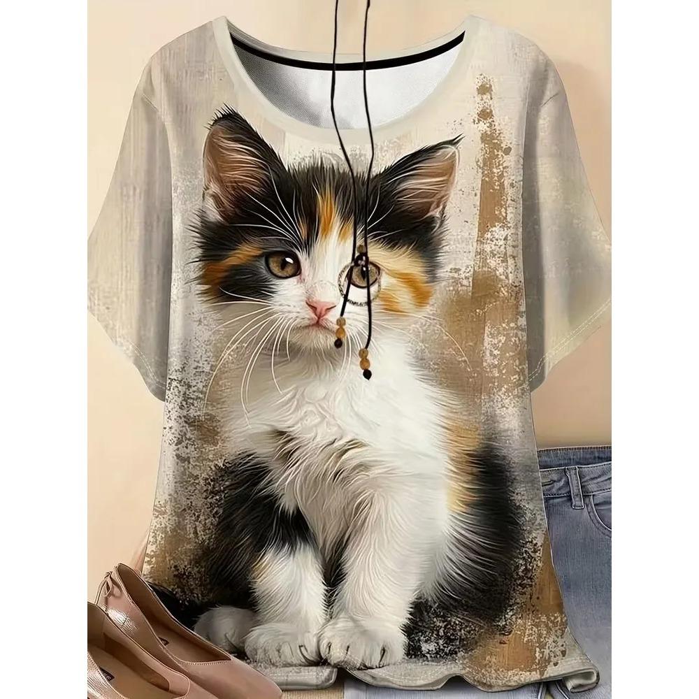 Cute Fun Animal 3D Printed Short Sleeved T-shirt Fashionable Comfortable Soft Breathable Large Loose Summer Womens T-shirt