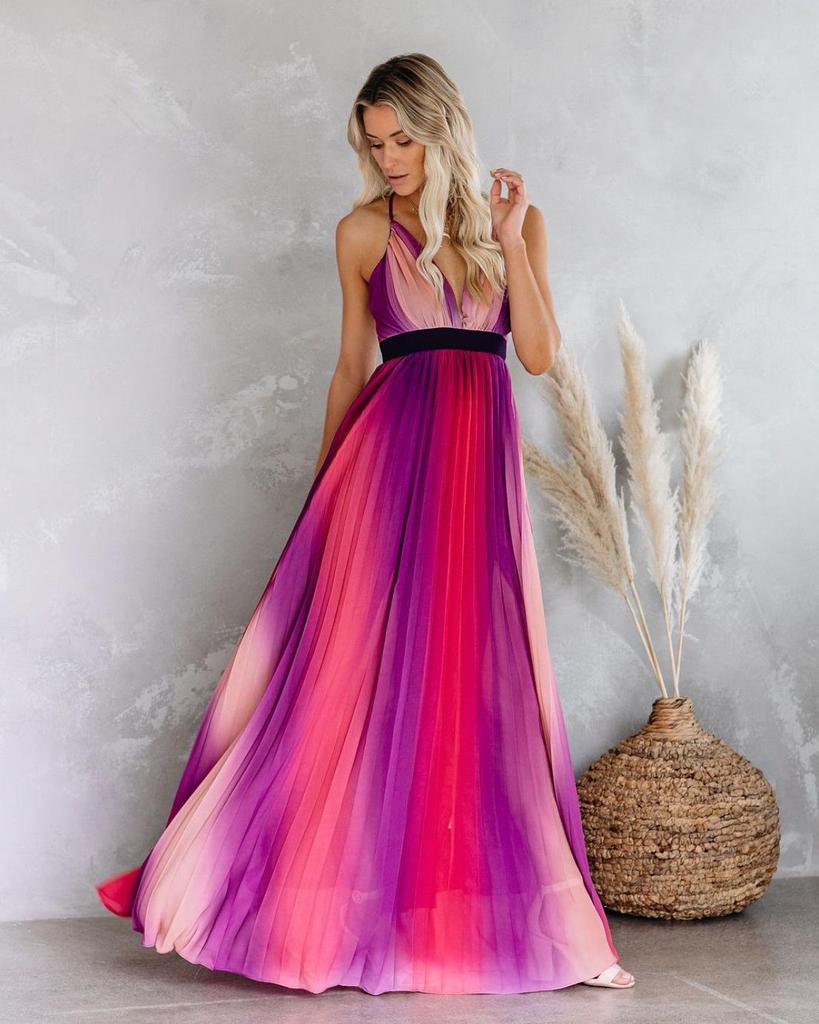 2020 Spring/Summer Women's Sexy Deep V Rainbow Mesh Suspender Dress
