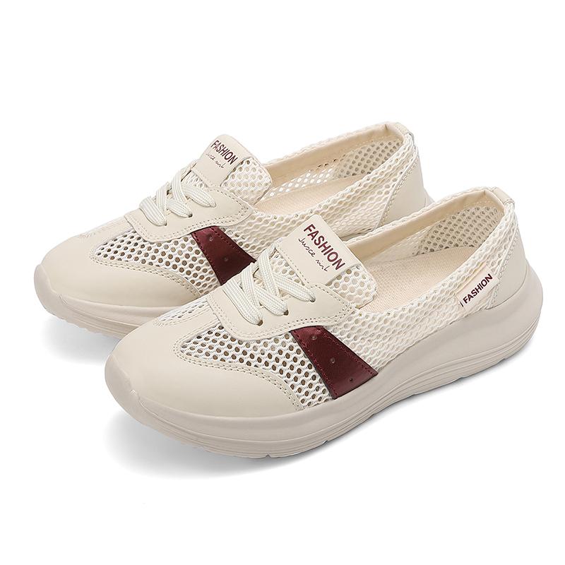 TUINANLE Flats Shoes for Women Summer Lace Up Casual Sneakers Breathable Soft Sole Loafers Plus Size 36 бежевый