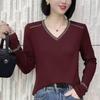 V-neck Rhinestone Long Sleeve Warm Shirt - Belly Covering & Age Reducing Mother's Base Layer