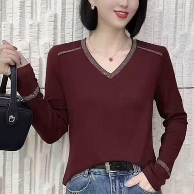 V-neck Rhinestone Long Sleeve Warm Shirt - Belly Covering & Age Reducing Mother's Base Layer 