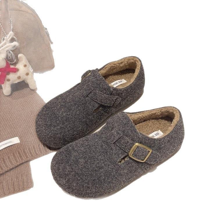Retro round head felt plush Birkenstocks plush autumn and winter thermal cotton ladyshoes wool