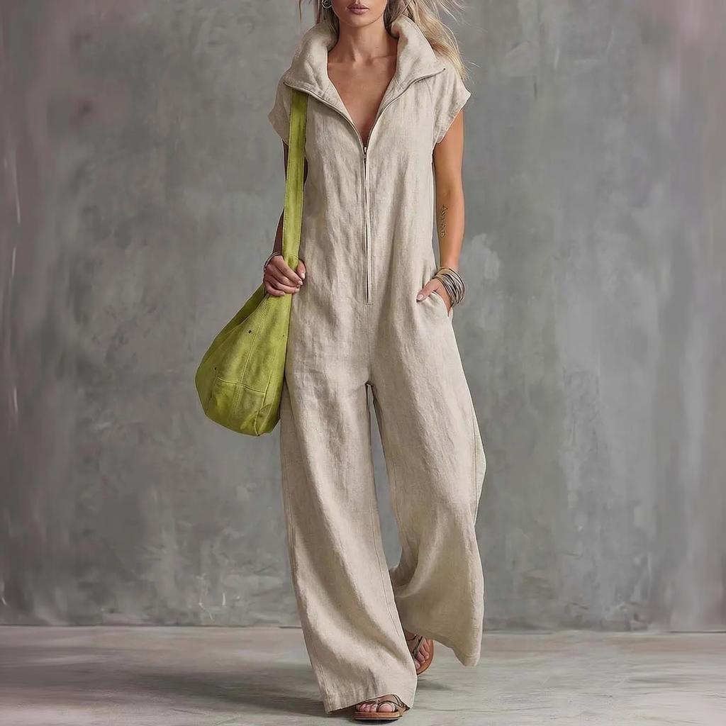 Tuta da donna a vestibilità larga effetto lino con tasche per l'abbigliamento casual estivo