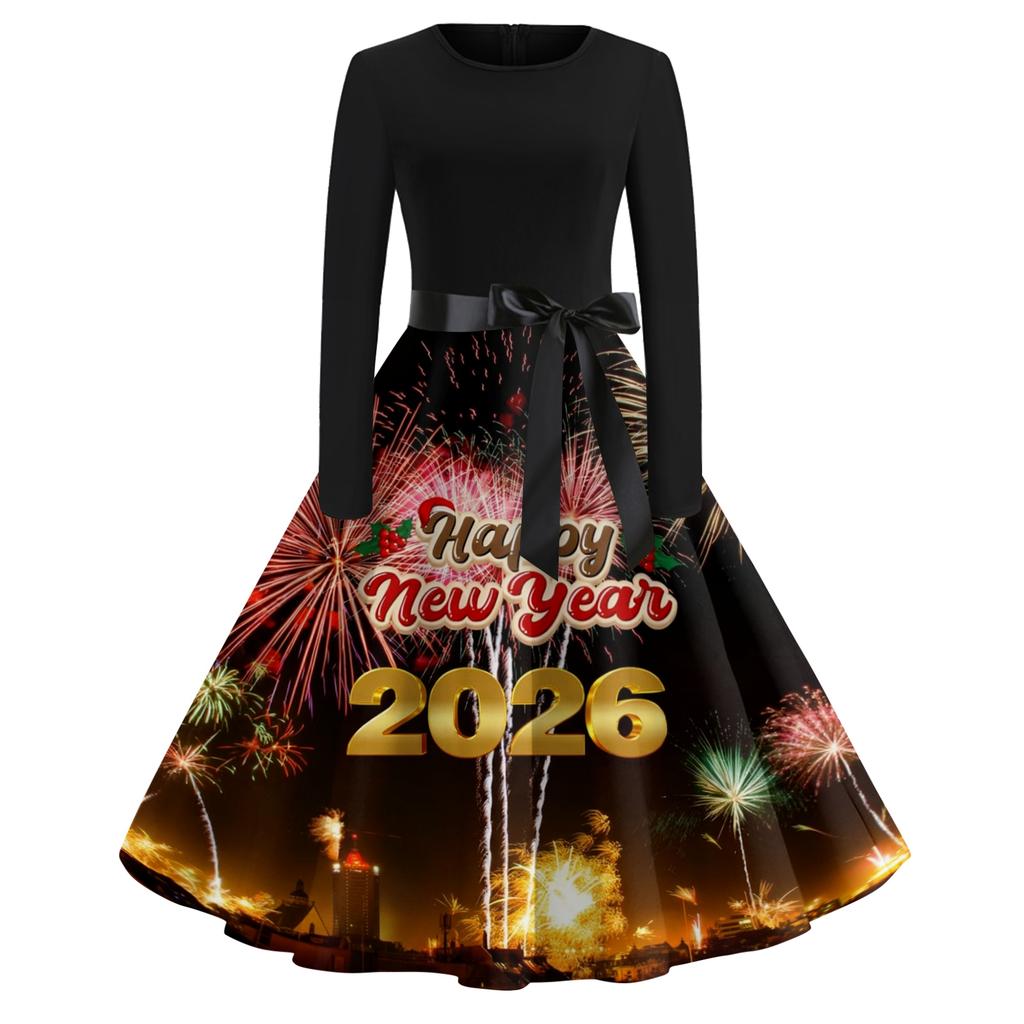 Women's Casual Fashion Round Neck Long Sleeve New Year Printed Retro Dress