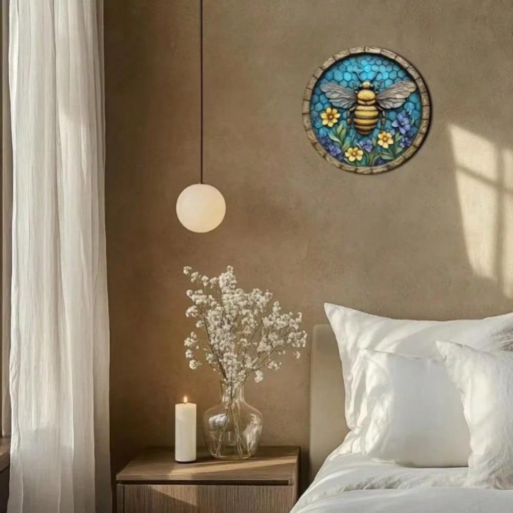 Metal Bee Floral Wall Art Round 2D Printed Sign Home Office Halloween Decor