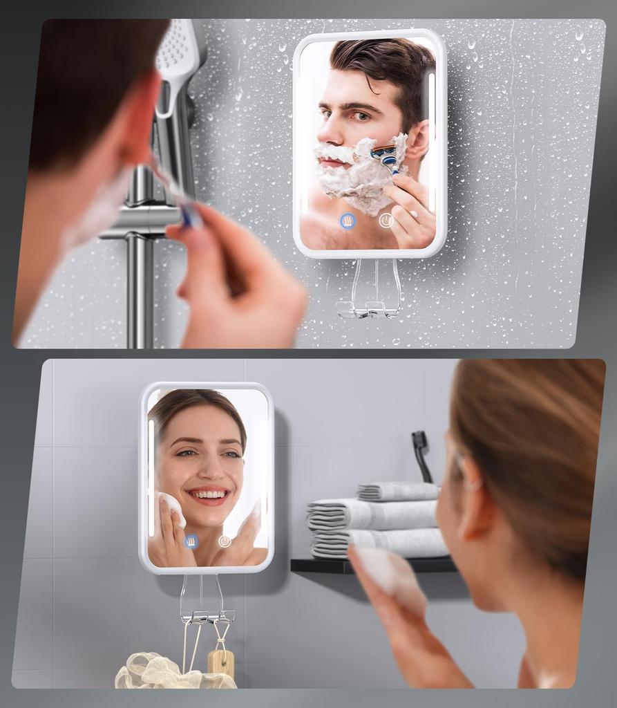 Heated Shower Mirror with Shaving 5000mAh Removable Suction Cup and Razor No Drilling for Bathroom Use Anti-Fog Light, Rechargeable, Wall-Mounted