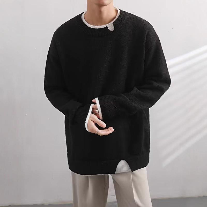 Korean-Style Men s Trendy Loose Knit Sweater - Arctic Fleece Two-Piece Illusion L