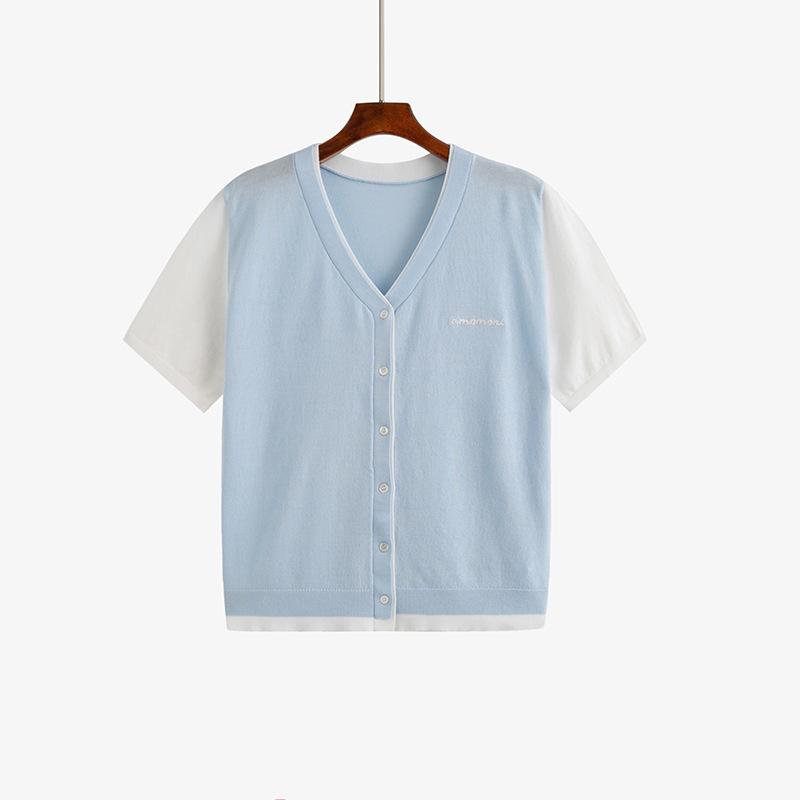 

Женский топ с цветными блоками, женский вышитый вязаный свитер, кардиган с короткими рукавами 3XL синий