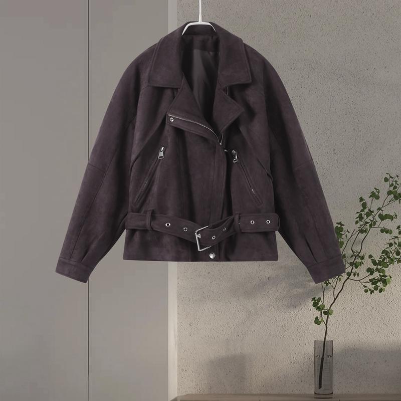 Fashion Women's Short Suede Jackets Belt Lapel Puff Long Sleeve Zipper Pockets Coats 2025 Spring Lady Vintage Street Outwears