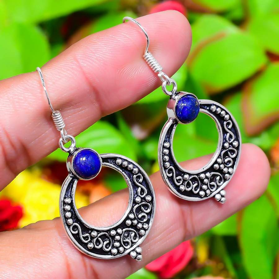 Natural Lapis Lazuli Gemstone 925 Sterling Silver Gift Earring 1.85" e3P37