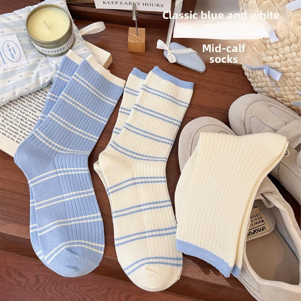 Spring and Summer Women's Socks: Cotton, Light and Fresh, Light Blue Striped Fabric Label, Mid-calf Pile Socks, Sweet Girl Socks