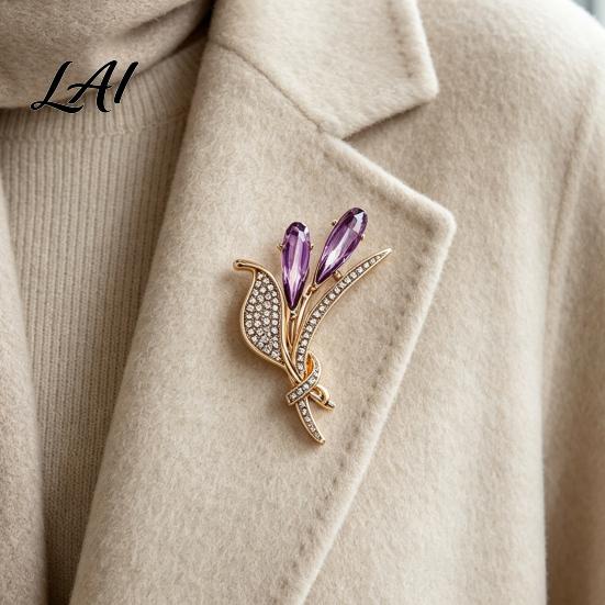 Women Branch Pin Ear of Wheat Brooch with Rhinestone Faux Purple Crystal Vintage Badge Lapel Pin Dainty Jewelry for Coats Sweaters Scarves