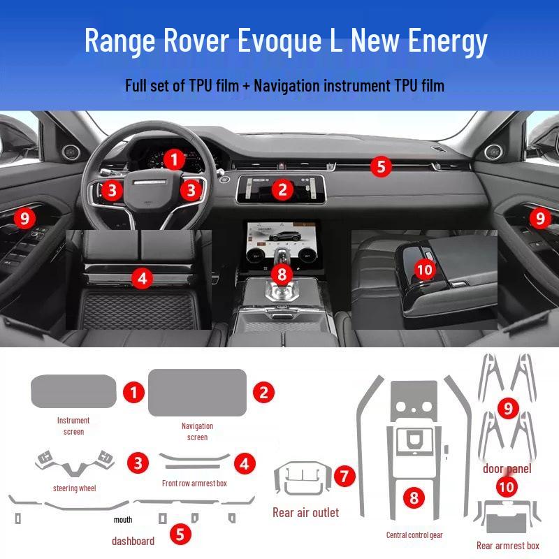 Pellicola Protettiva Interna Compatibile per Land Rover Range Rover Evoque 2021-2026, inclusi Adesivi per Schermo, Leva del Cambio e Console Centrale.