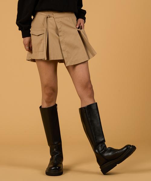Collet Wrap Cargo Belted Pleated Miniskirt [Beige]